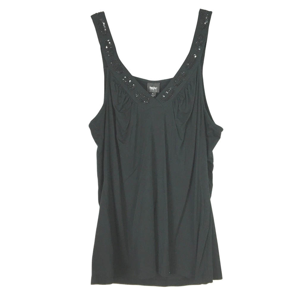 Mossimo Black Tank Top Beaded Sequined Neckline V Neck Women's XL Stretch